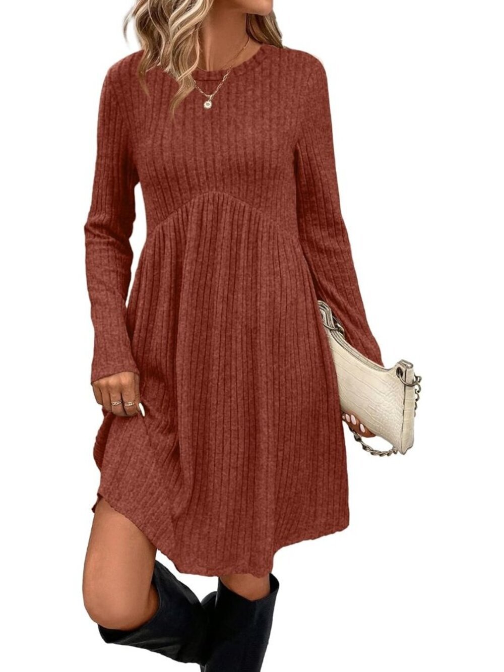 Women's Caramel Long Sleeve Comfort Crew Neck Empire Waist Tunic Mini Dress